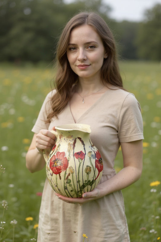 Magoņu krūze, rokām virpota krūze