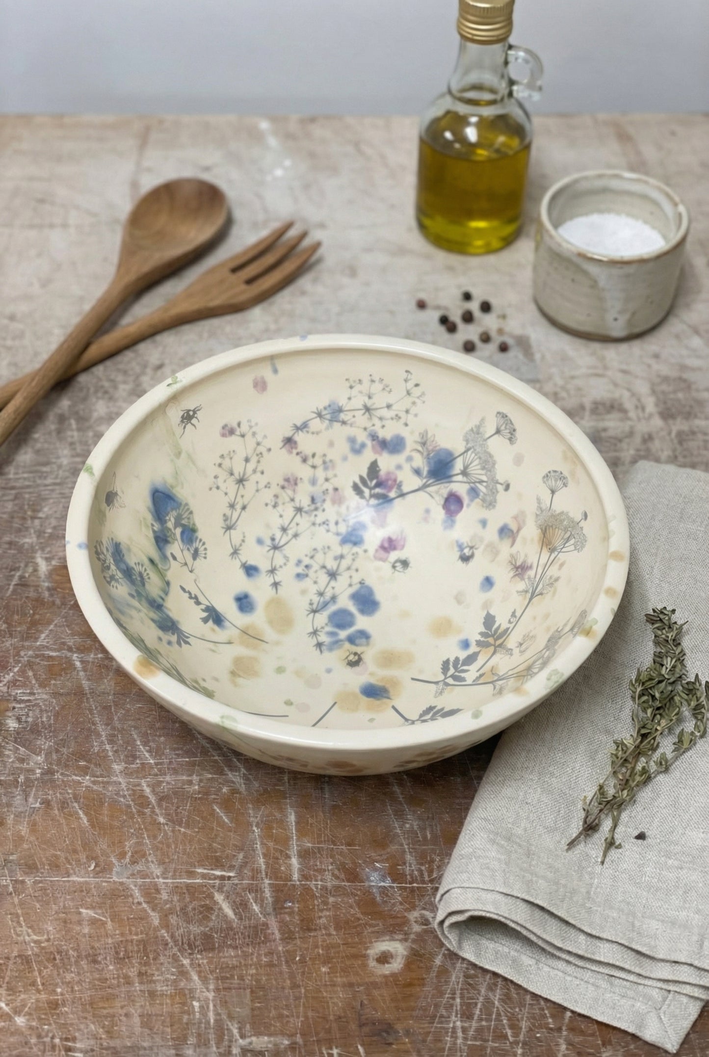 Large Ceramic Floral Bowl – Handmade Botanical Pottery