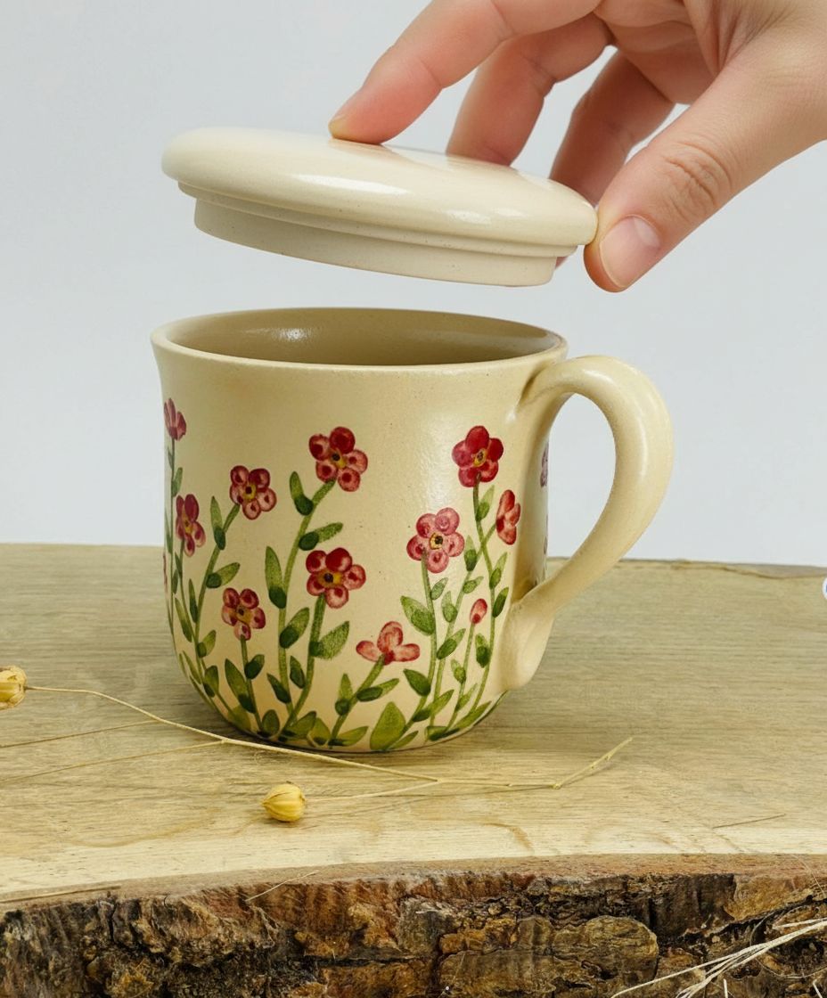 Krūzīte ar mazām sarkanām puķītēm