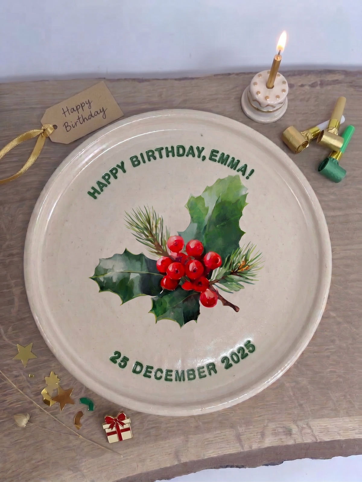 A hand-painted ceramic happy birthday plate