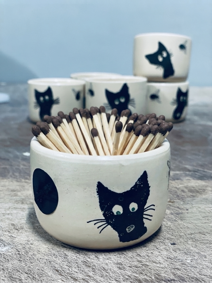 Black Cat Match Holder with Striker